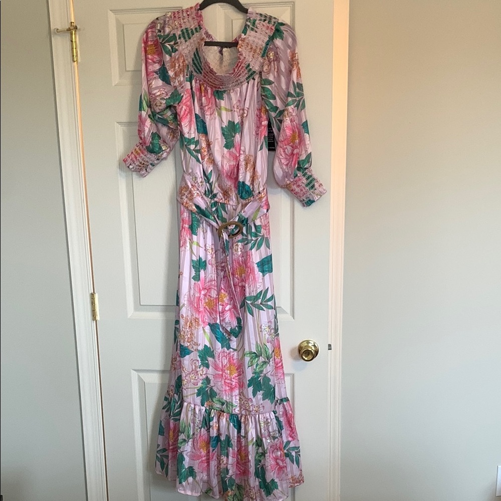 Floral Maxi Dress with Pink and Green Accents